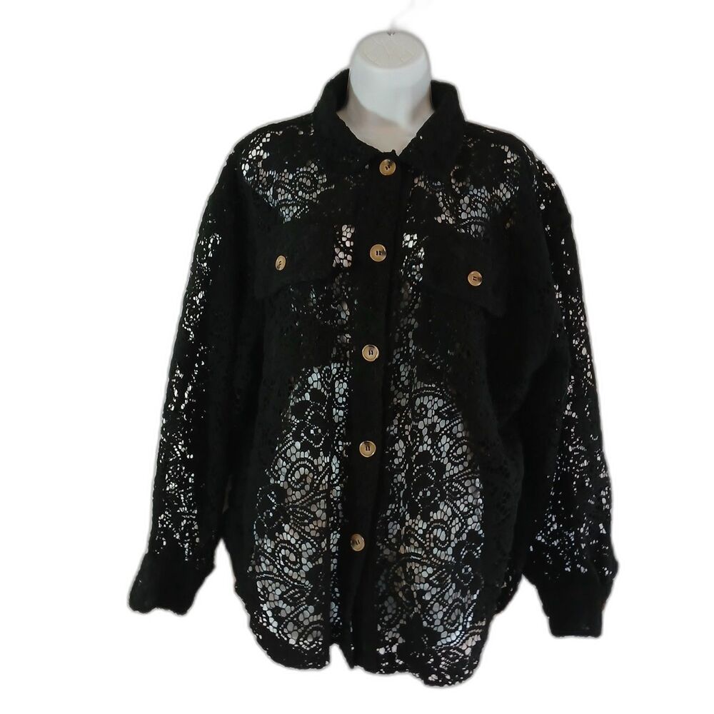 Bibi Black Cardigan Crochet Open Knit Oversized Button Up  Sz M Casual Office...